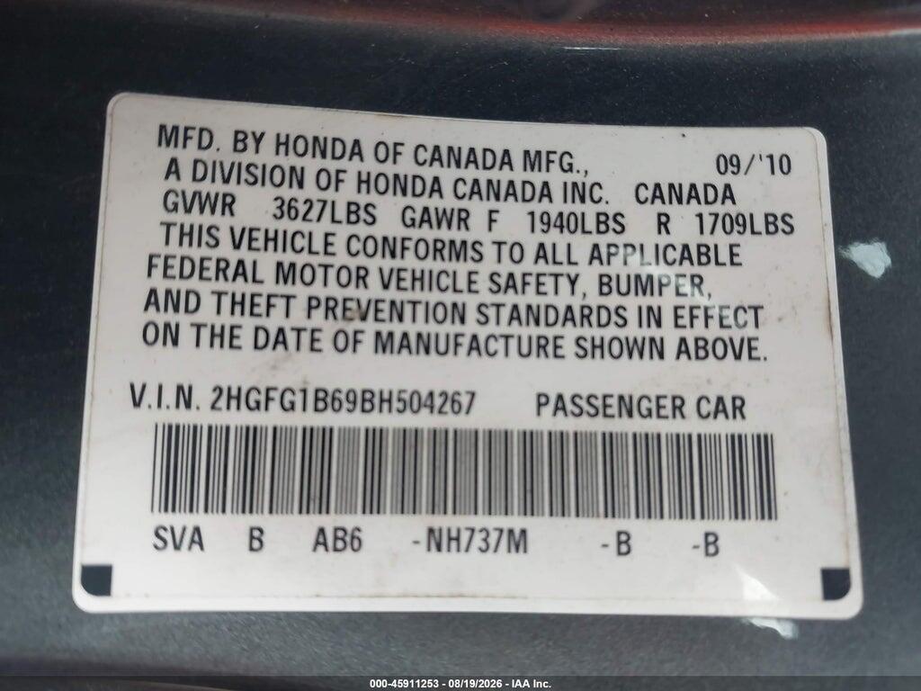 2HGFG1B69BH504267 2011 HONDA CIVIC photo no. 9