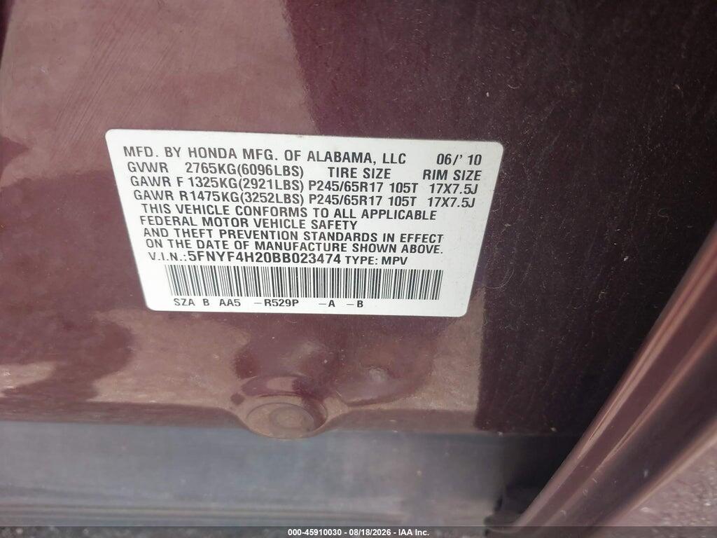 5FNYF4H20BB023474 2011 HONDA PILOT photo no. 9
