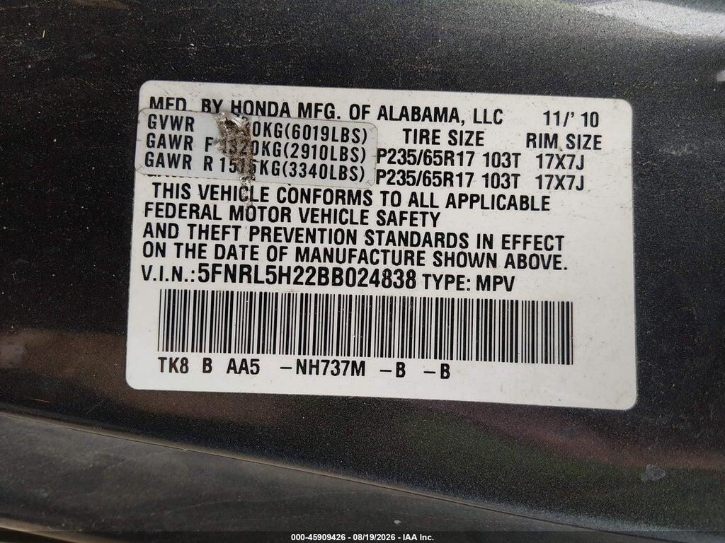 5FNRL5H22BB024838 2011 HONDA ODYSSEY photo no. 9