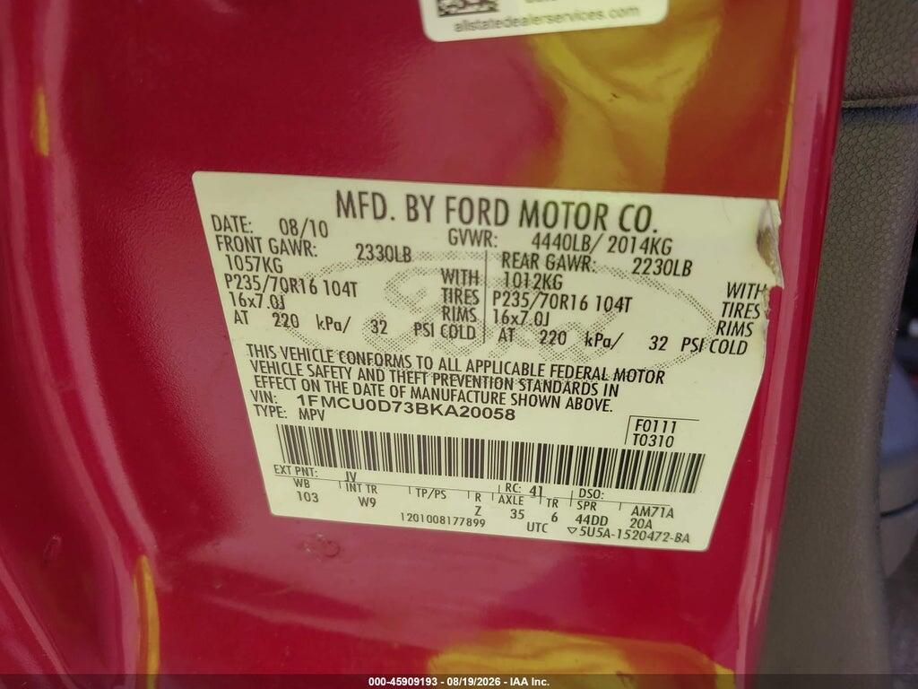 1FMCU0D73BKA20058 2011 FORD ESCAPE photo no. 9