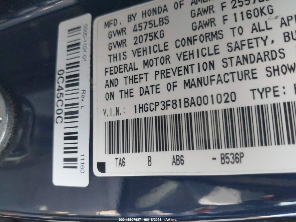 1HGCP3F81BA001020 2011 HONDA ACCORD photo no. 9
