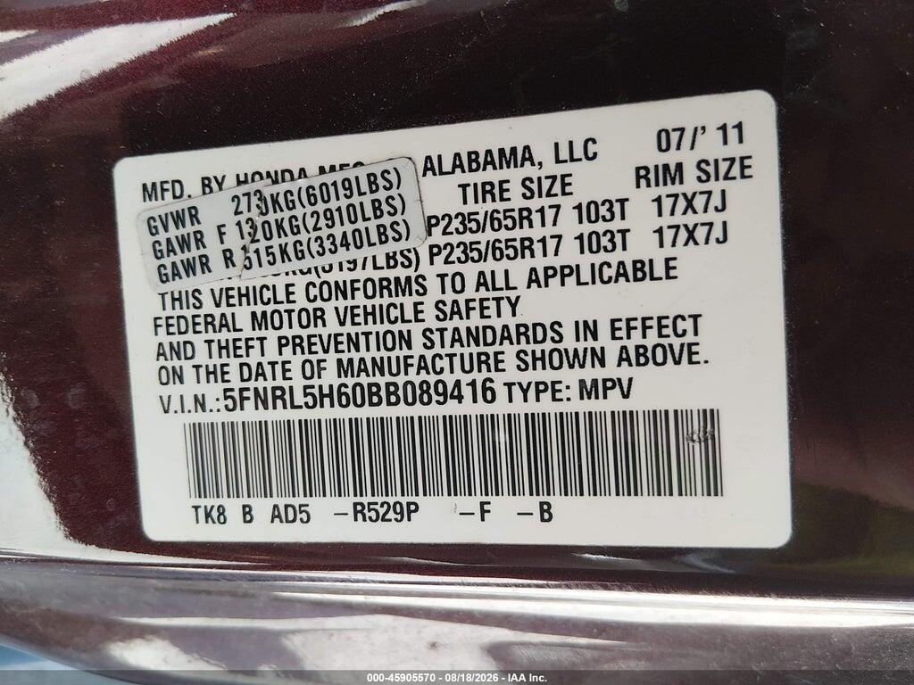 5FNRL5H60BB089416 2011 HONDA ODYSSEY photo no. 9