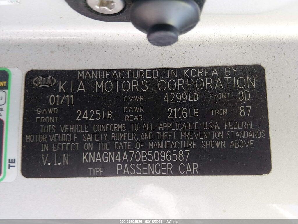 KNAGN4A70B5096587 2011 KIA OPTIMA photo no. 9