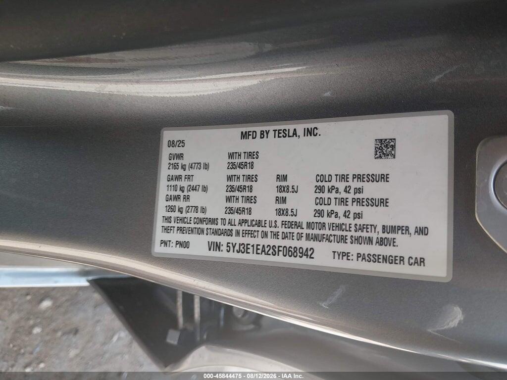 5YJ3E1EA2SF068942 2025 TESLA MODEL 3 photo no. 9