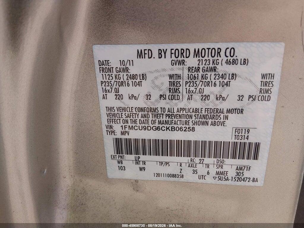 1FMCU9DG6CKB06258 2012 FORD ESCAPE photo no. 9