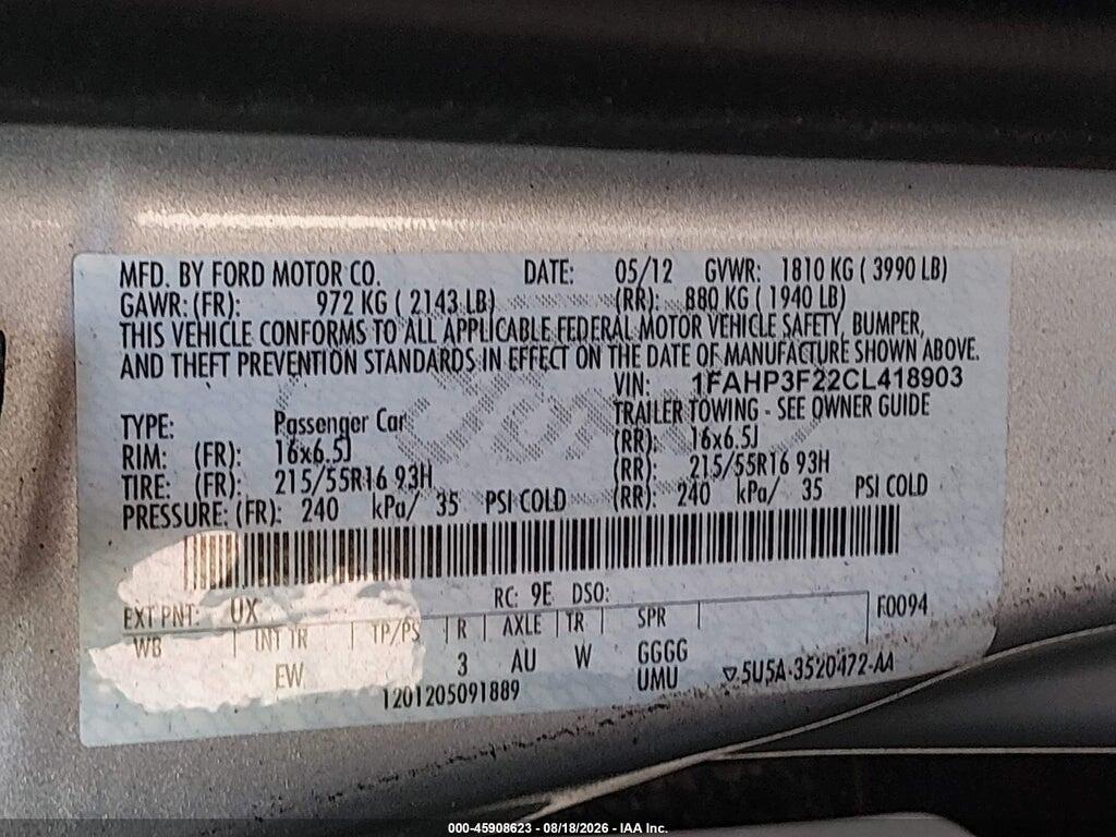 1FAHP3F22CL418903 2012 FORD FOCUS photo no. 9