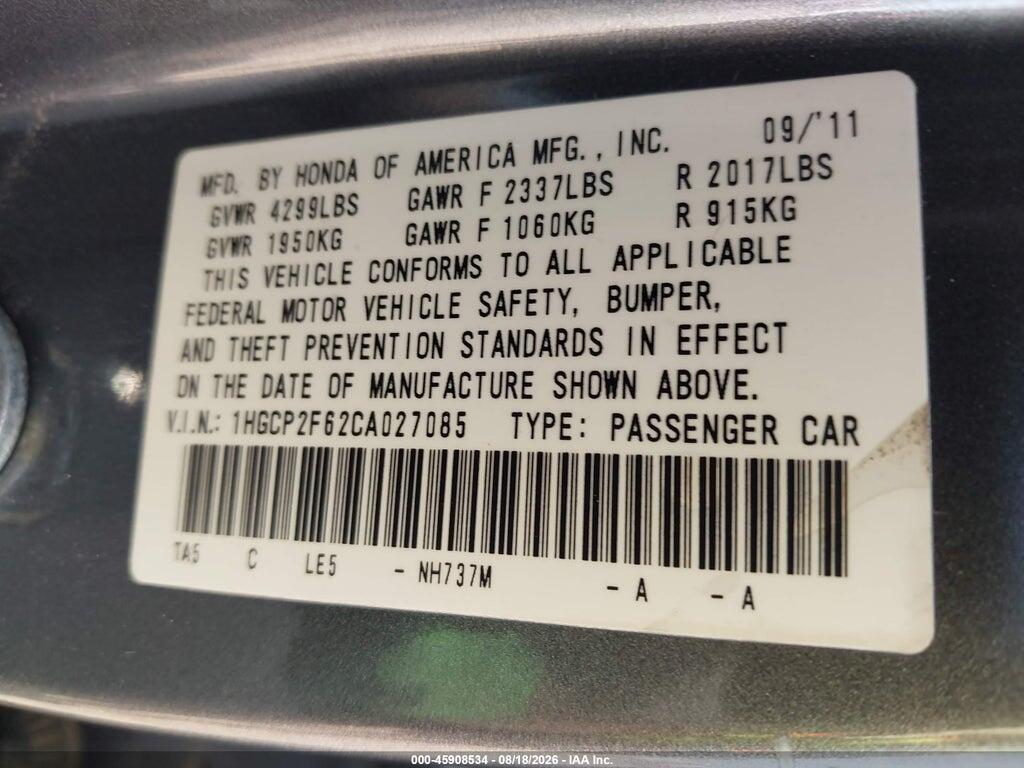 1HGCP2F62CA027085 2012 HONDA ACCORD photo no. 9