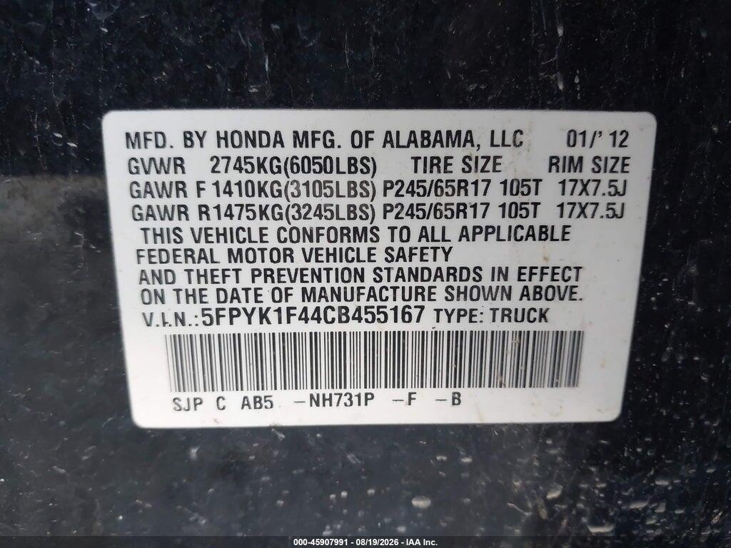 5FPYK1F44CB455167 2012 HONDA RIDGELINE photo no. 9