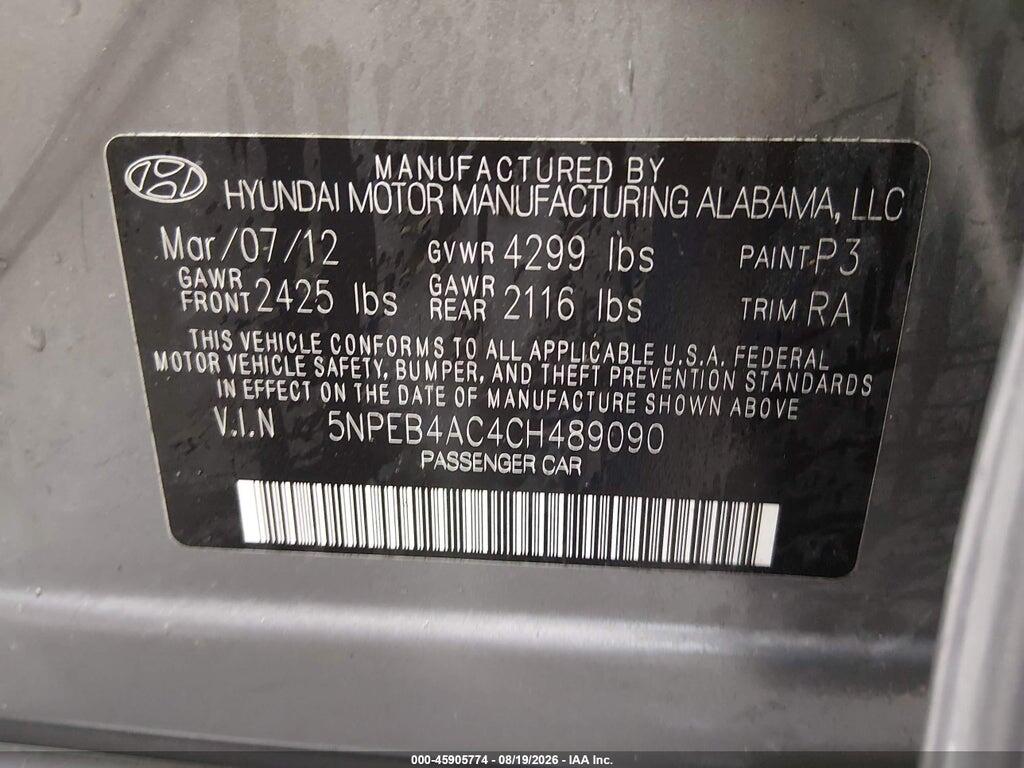 5NPEB4AC4CH489090 2012 HYUNDAI SONATA photo no. 9