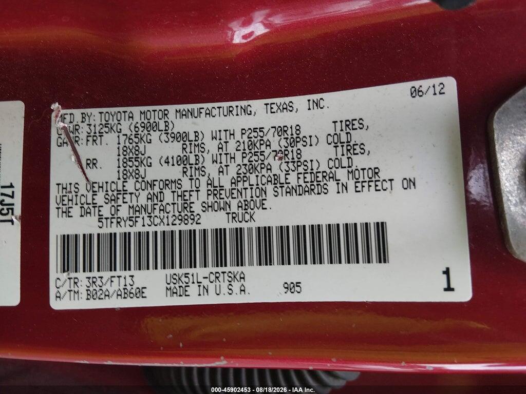 5TFRY5F13CX129892 2012 TOYOTA TUNDRA photo no. 9