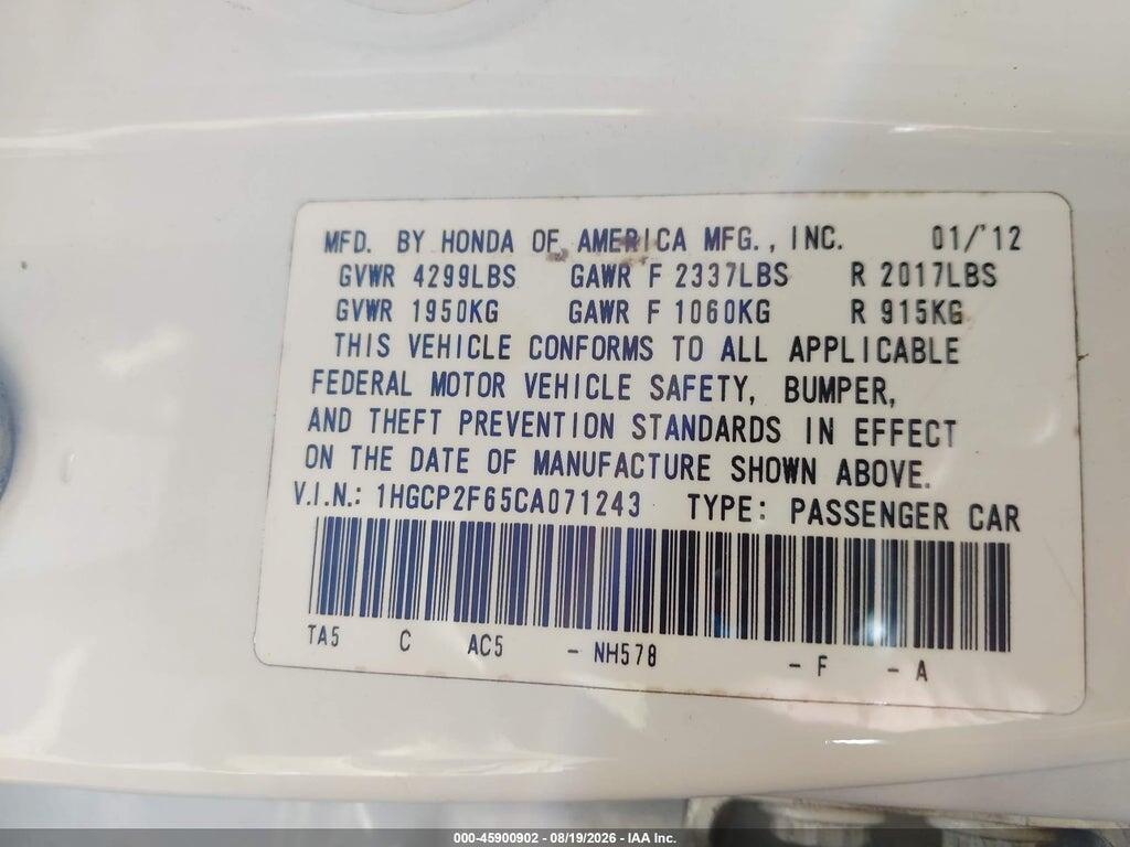 1HGCP2F65CA071243 2012 HONDA ACCORD photo no. 9