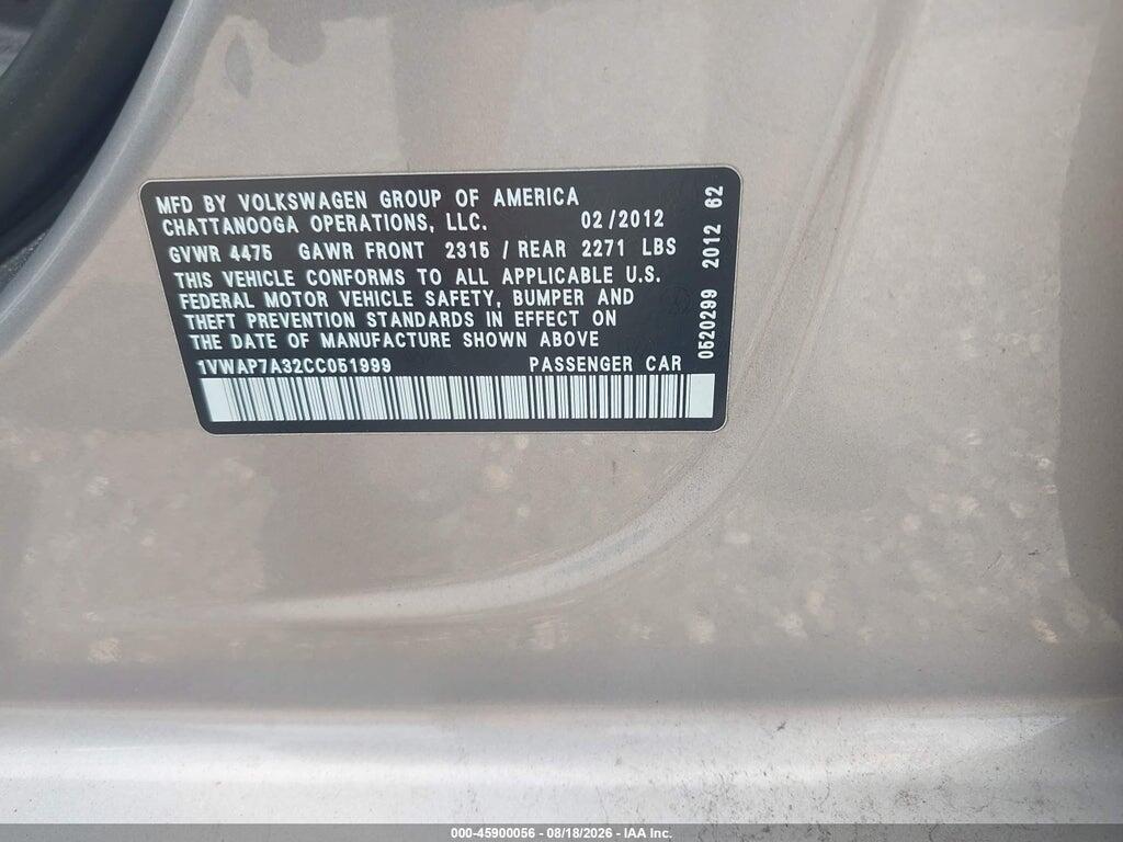 1VWAP7A32CC051999 2012 VOLKSWAGEN PASSAT photo no. 9