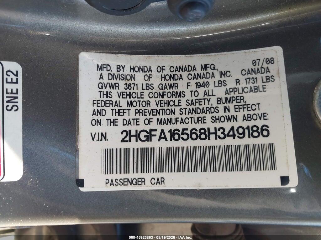 2HGFA16568H349186 2008 HONDA CIVIC photo no. 9