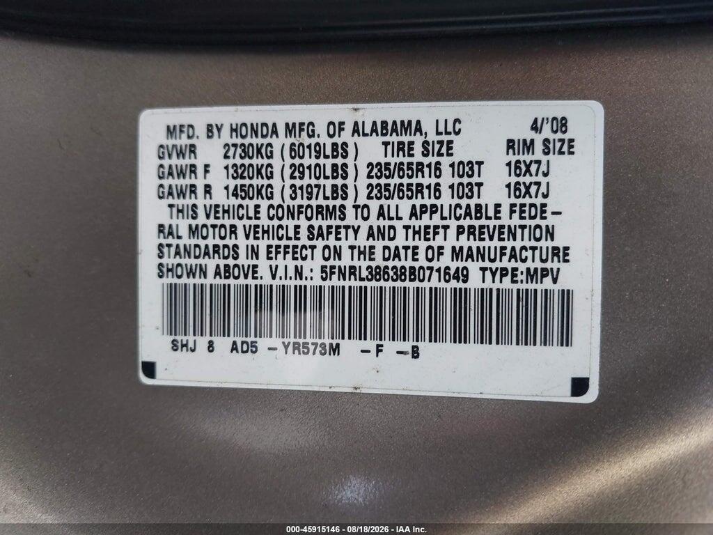 5FNRL38638B071649 2008 HONDA ODYSSEY photo no. 9