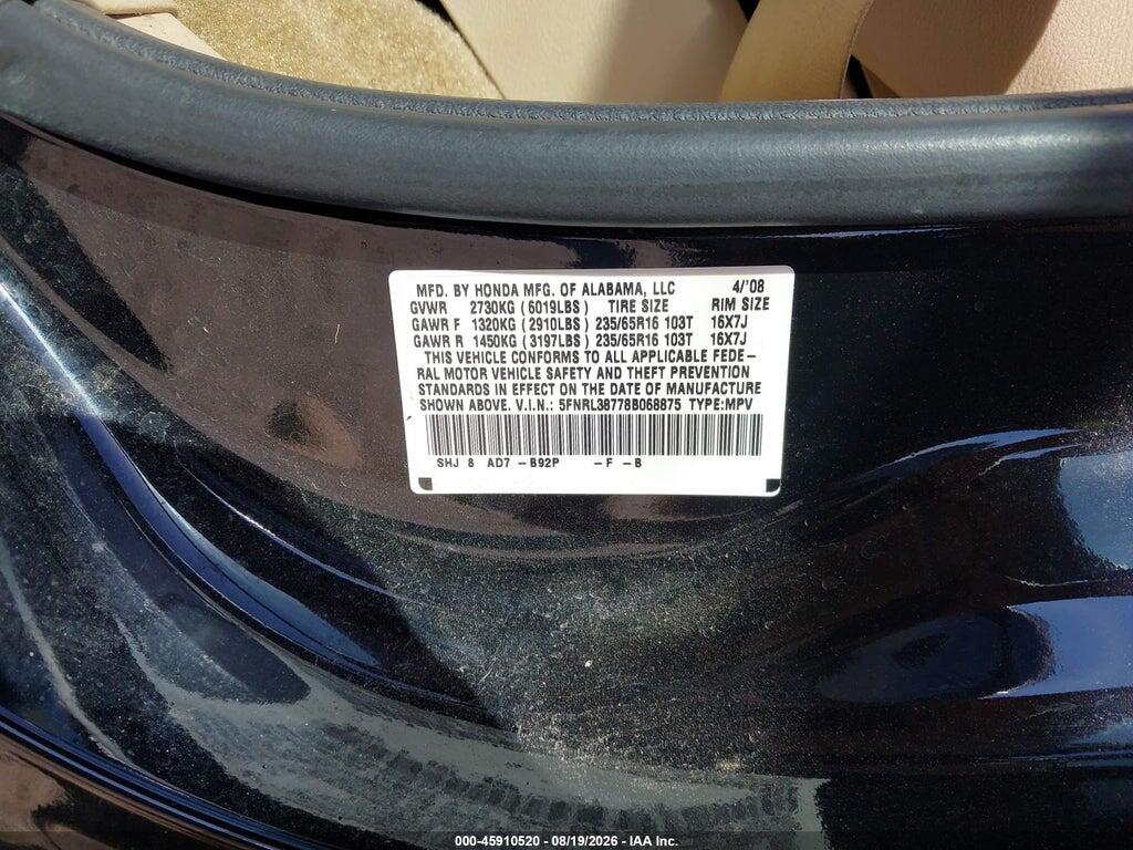 5FNRL38778B068875 2008 HONDA ODYSSEY photo no. 9