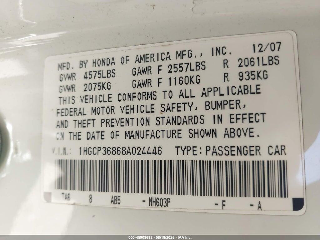 1HGCP36868A024446 2008 HONDA ACCORD photo no. 9