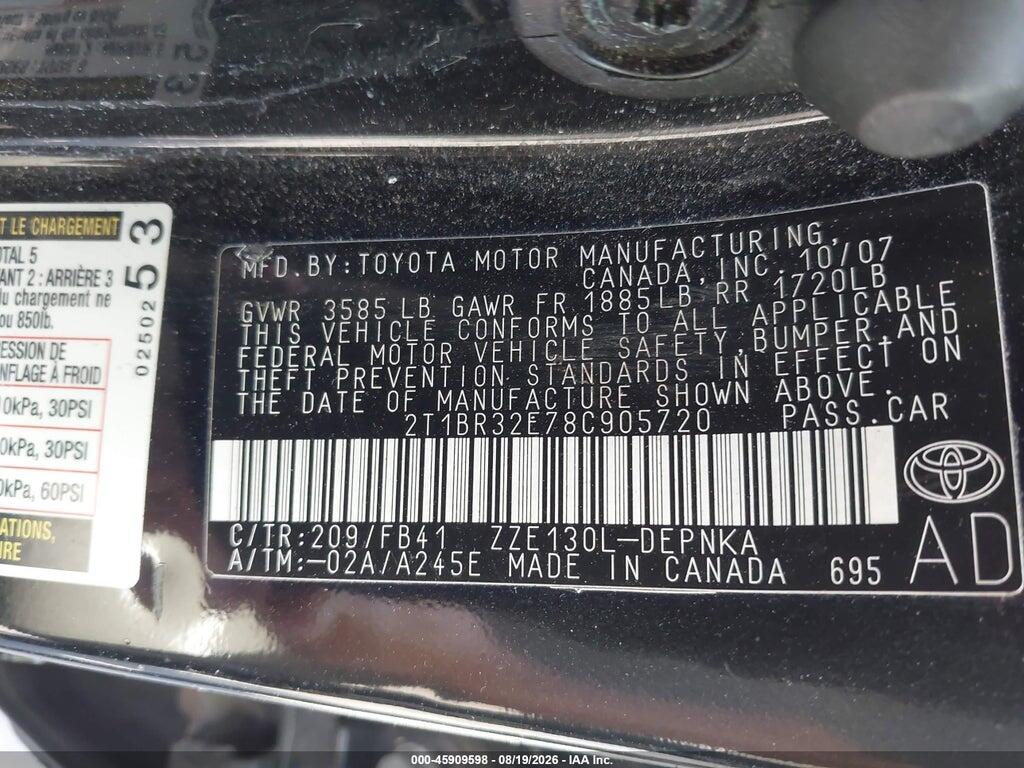 2T1BR32E78C905720 2008 TOYOTA COROLLA photo no. 9