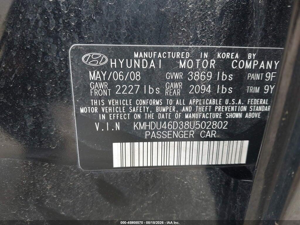 KMHDU46D38U502802 2008 HYUNDAI ELANTRA photo no. 9