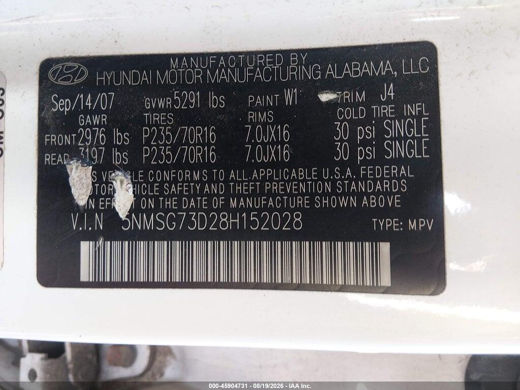 5NMSG73D28H152028 2008 HYUNDAI SANTA FE photo no. 9