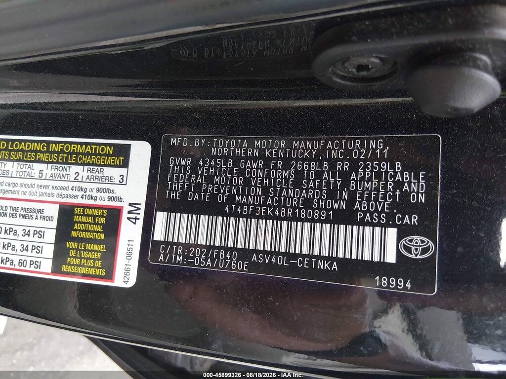 4T4BF3EK4BR180891 2011 TOYOTA CAMRY photo no. 9