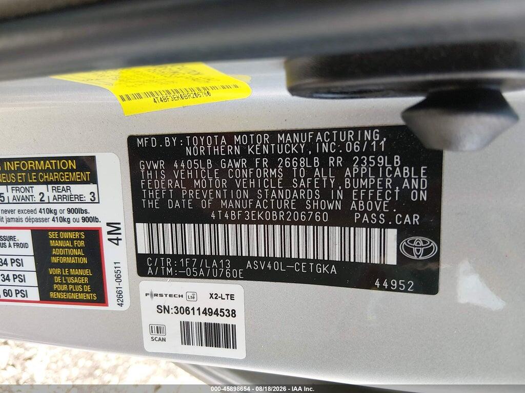 4T4BF3EK0BR206760 2011 TOYOTA CAMRY photo no. 9
