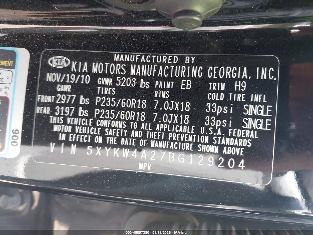 5XYKW4A27BG129204 2011 KIA SORENTO photo no. 9