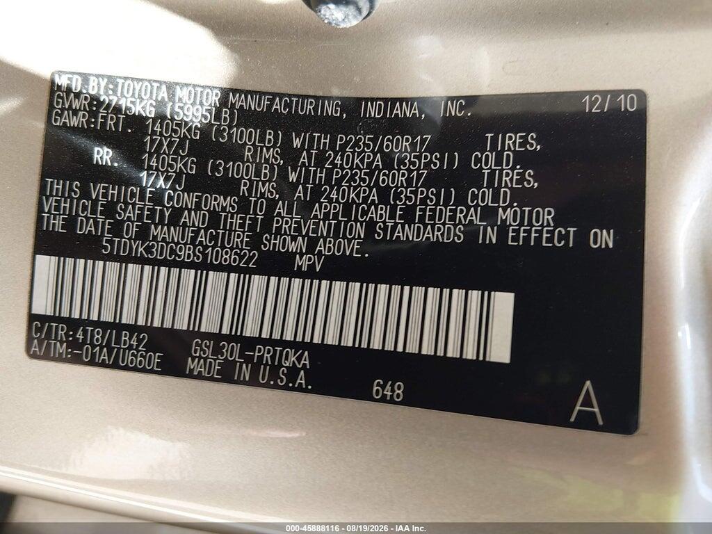 5TDYK3DC9BS108622 2011 TOYOTA SIENNA photo no. 9
