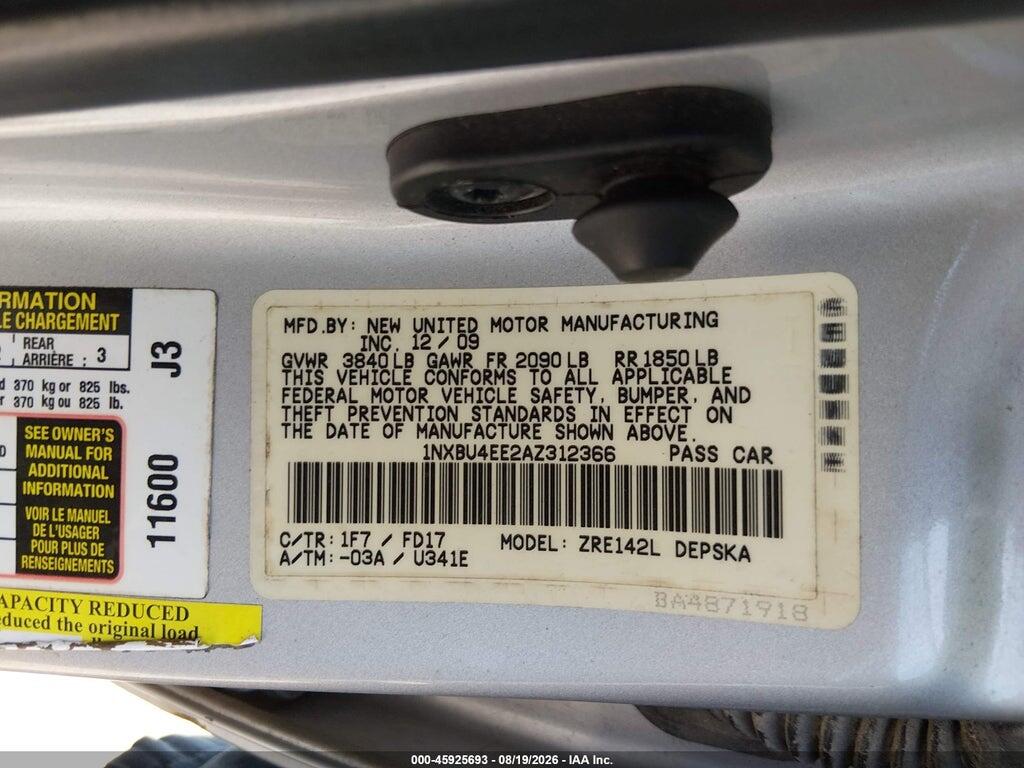 1NXBU4EE2AZ312366 2010 TOYOTA COROLLA photo no. 9