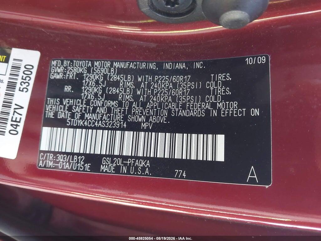 5TDYK4CC4AS323914 2010 TOYOTA SIENNA photo no. 9