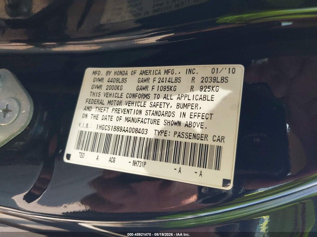 1HGCS1B89AA008403 2010 HONDA ACCORD photo no. 9
