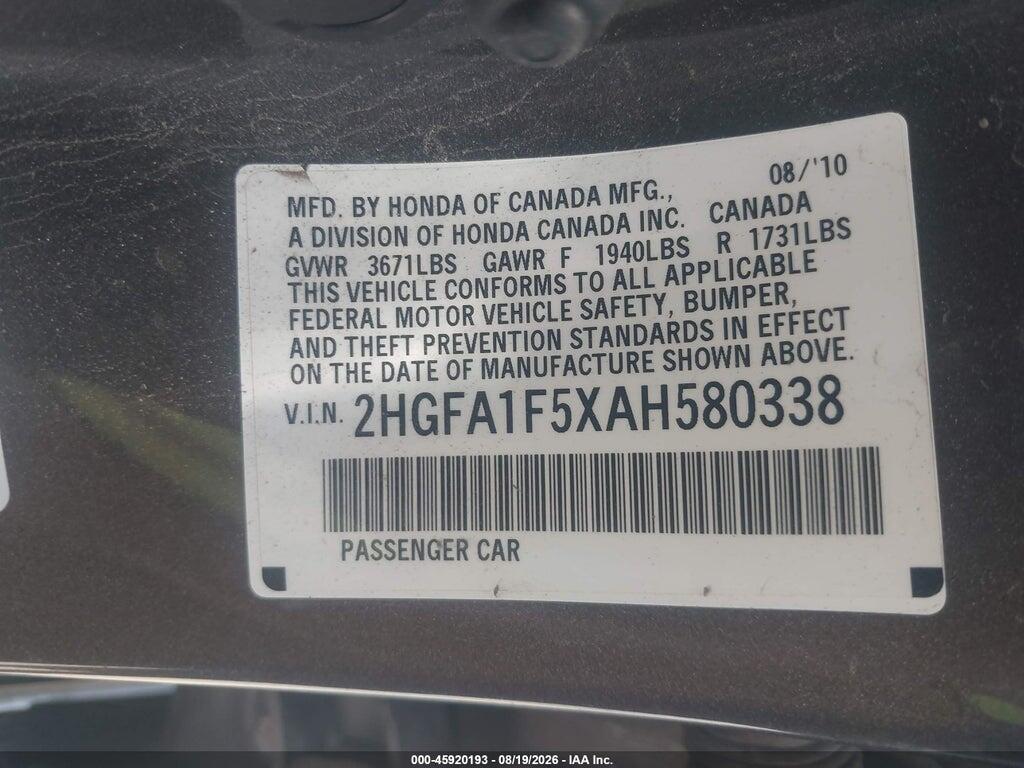 2HGFA1F5XAH580338 2010 HONDA CIVIC photo no. 9