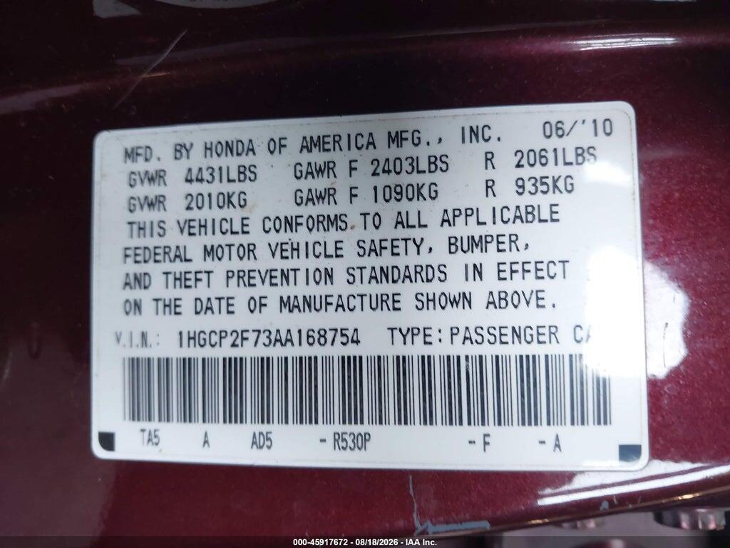 1HGCP2F73AA168754 2010 HONDA ACCORD photo no. 9