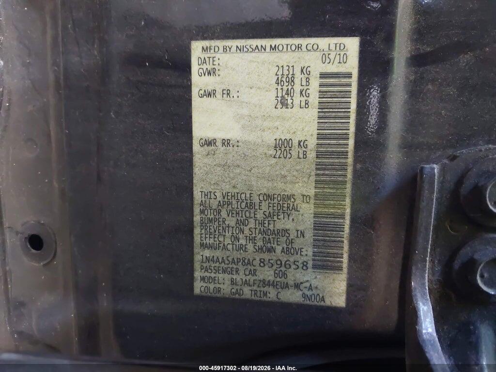 1N4AA5AP8AC859658 2010 NISSAN MAXIMA photo no. 9