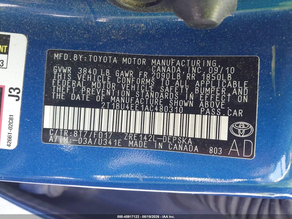 2T1BU4EE1AC480310 2010 TOYOTA COROLLA photo no. 9