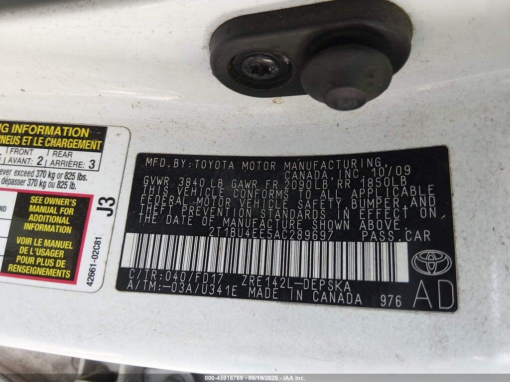 2T1BU4EE5AC289697 2010 TOYOTA COROLLA photo no. 9