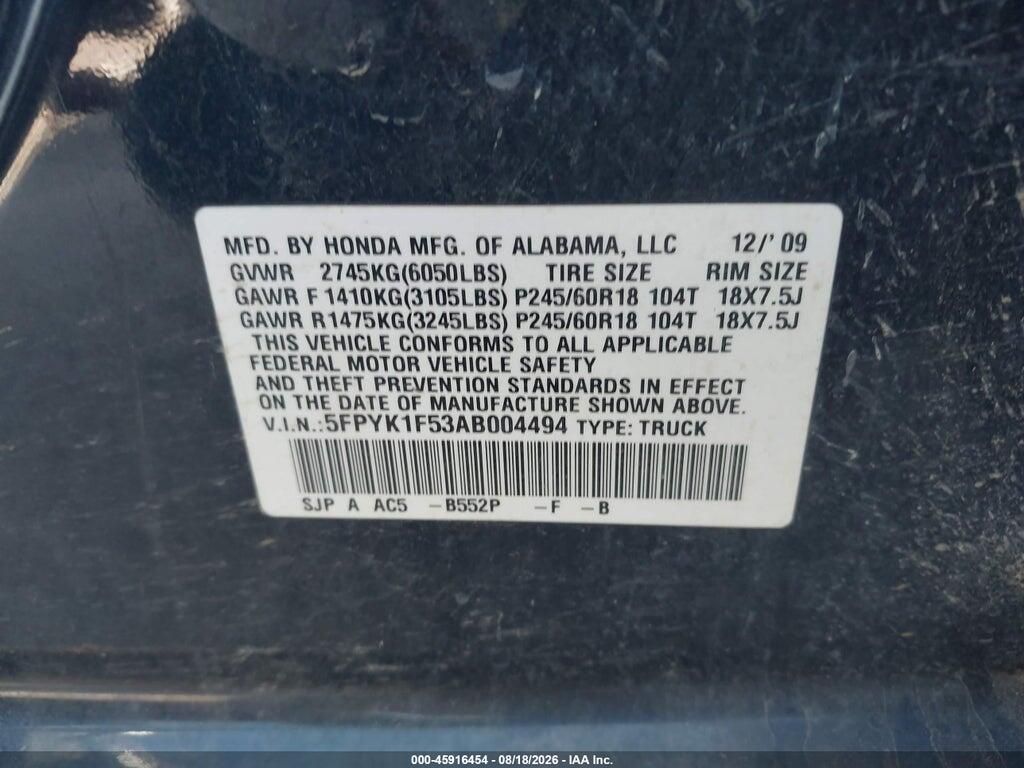 5FPYK1F53AB004494 2010 HONDA RIDGELINE photo no. 9