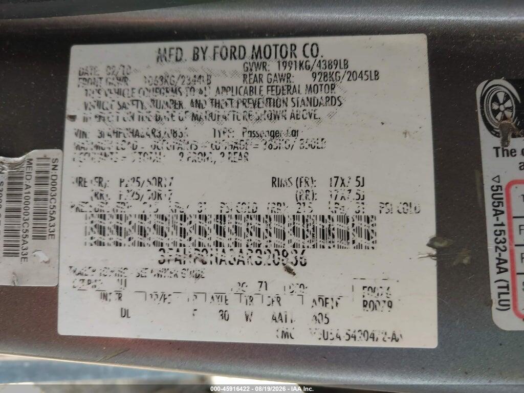 3FAHP0HA3AR320836 2010 FORD FUSION photo no. 9
