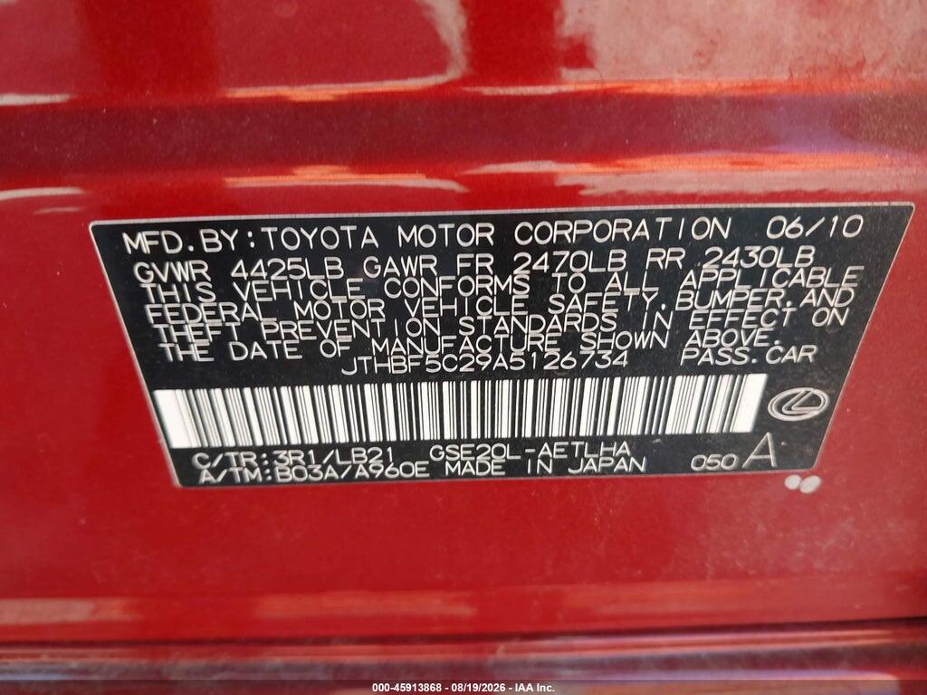 JTHBF5C29A5126734 2010 LEXUS IS 250 photo no. 9