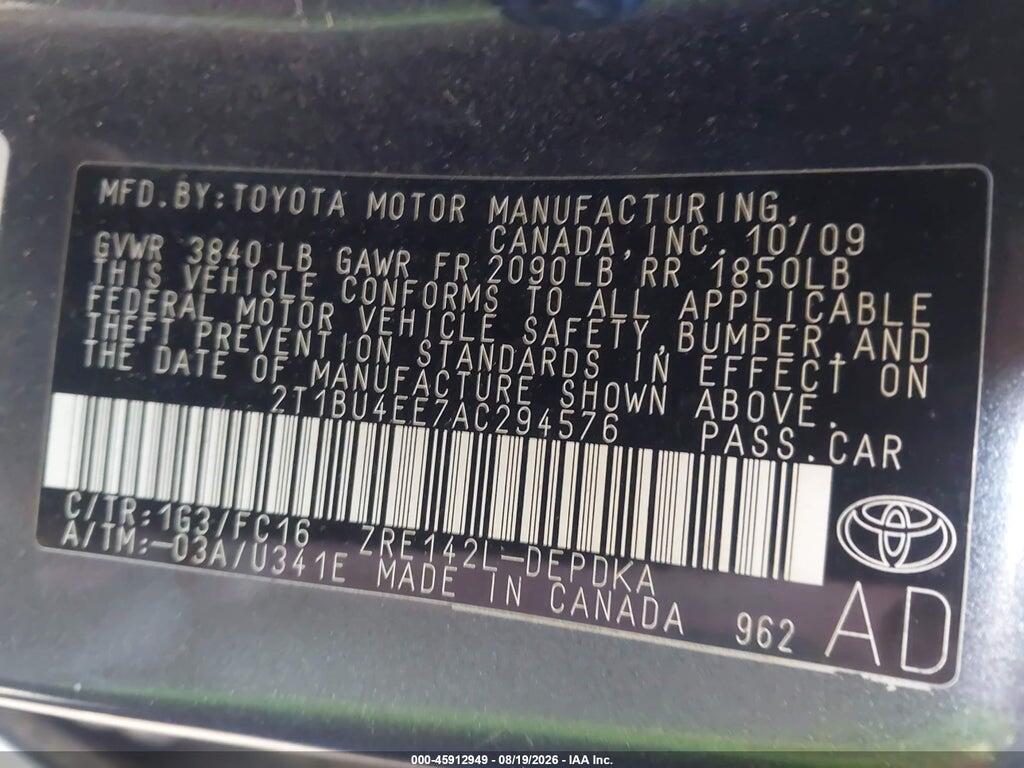 2T1BU4EE7AC294576 2010 TOYOTA COROLLA photo no. 9