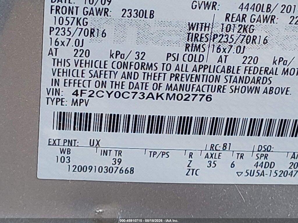 4F2CY0C73AKM02776 2010 MAZDA TRIBUTE photo no. 9