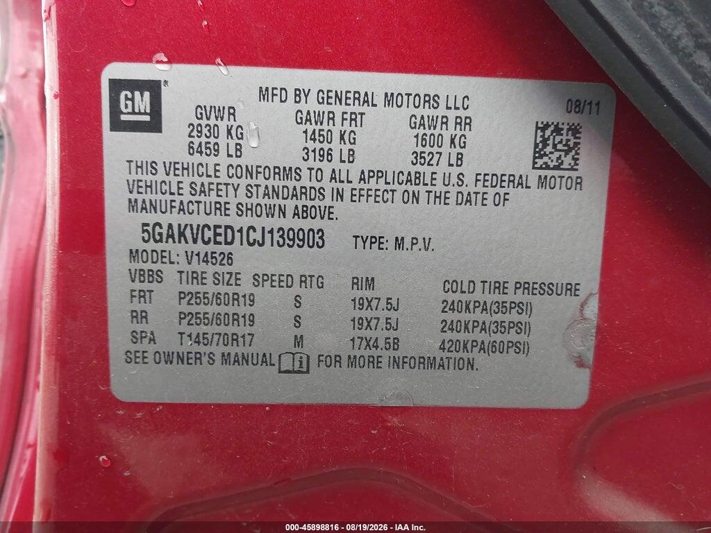 5GAKVCED1CJ139903 2012 BUICK ENCLAVE photo no. 9