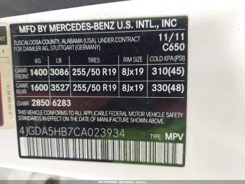 4JGDA5HB7CA023934 2012 MERCEDES-BENZ ML 350 photo no. 8
