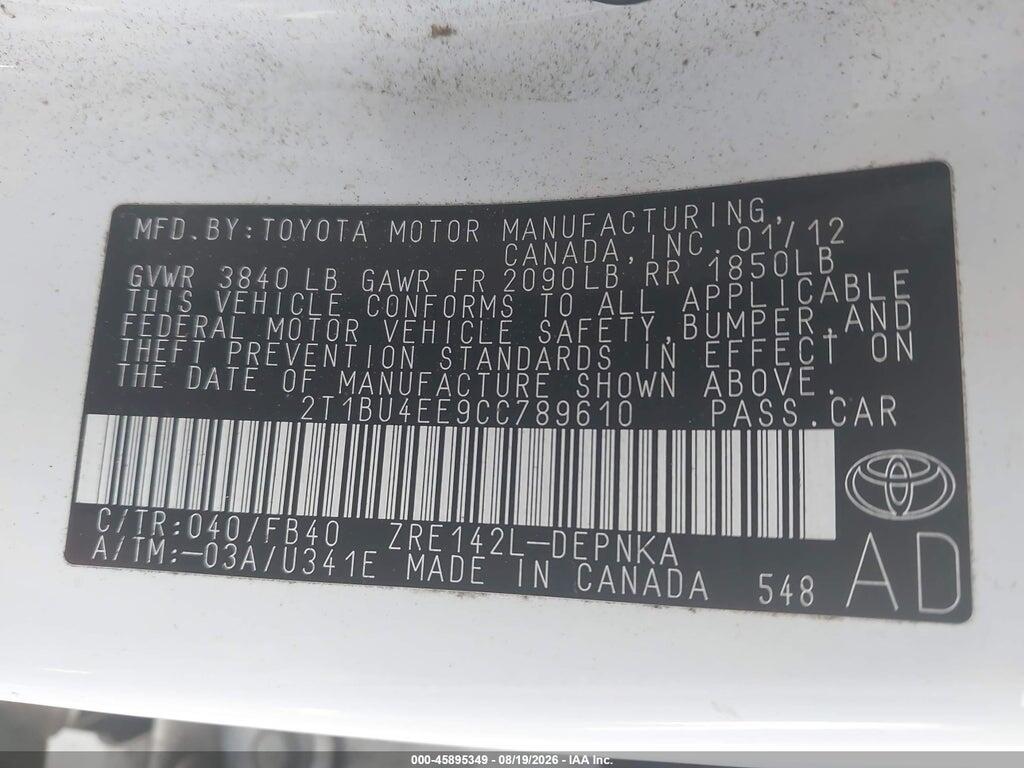 2T1BU4EE9CC789610 2012 TOYOTA COROLLA photo no. 9