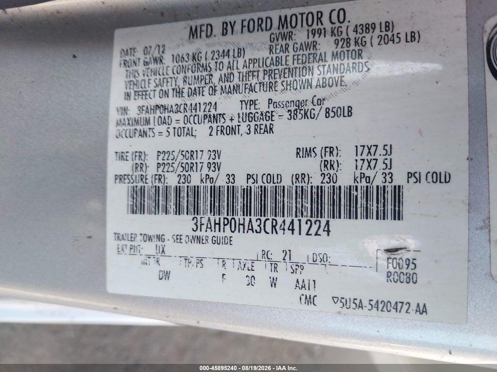 3FAHP0HA3CR441224 2012 FORD FUSION photo no. 9