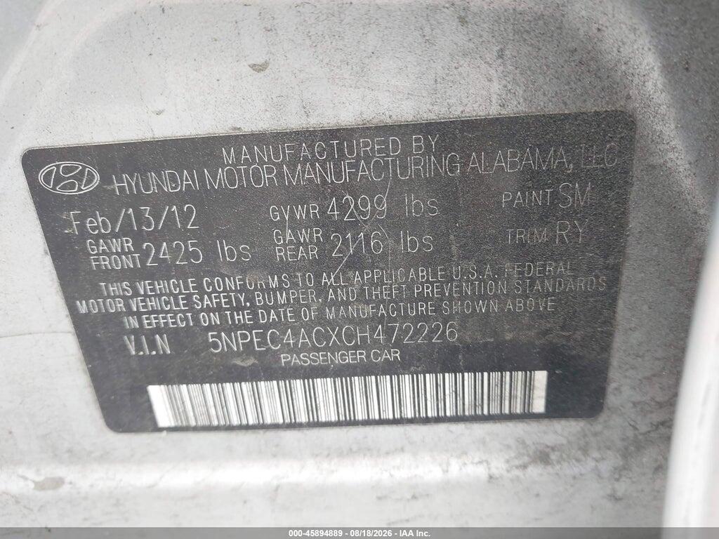 5NPEC4ACXCH472226 2012 HYUNDAI SONATA photo no. 9