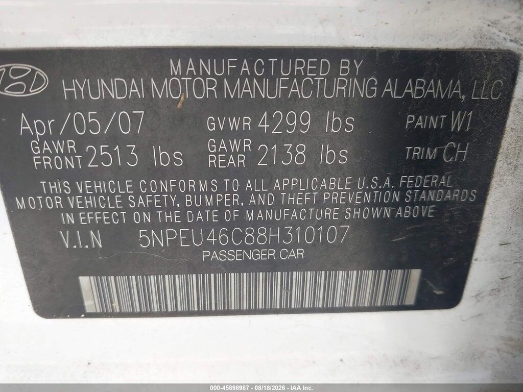 5NPEU46C88H310107 2008 HYUNDAI SONATA photo no. 9