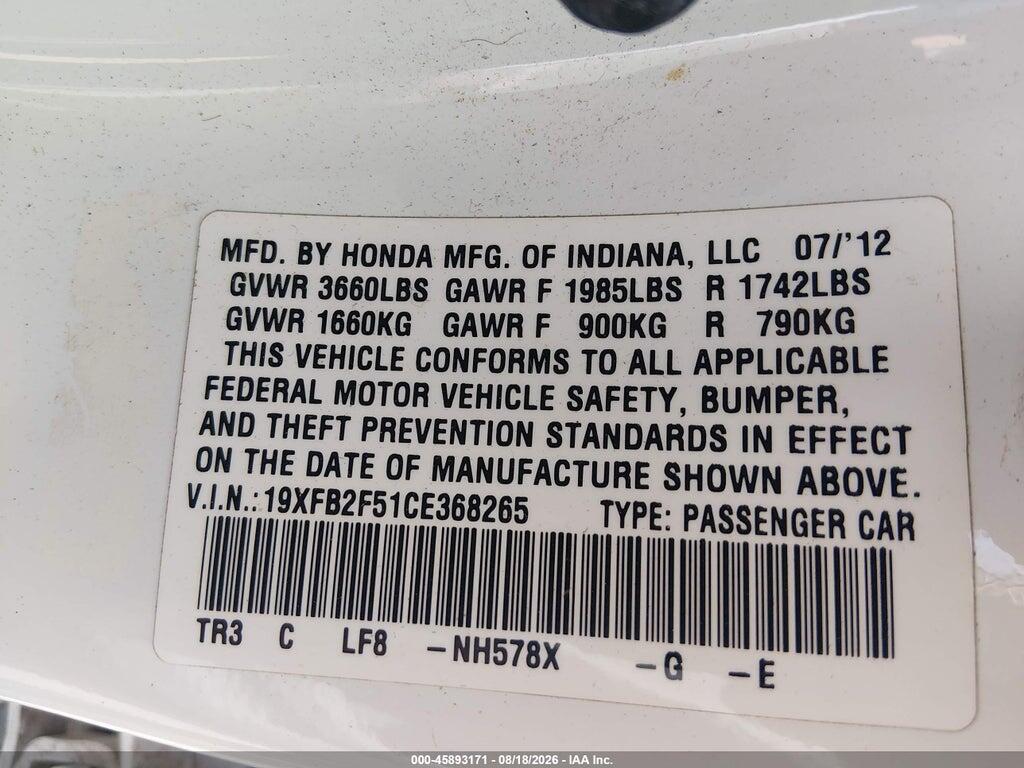 19XFB2F51CE368265 2012 HONDA CIVIC photo no. 9
