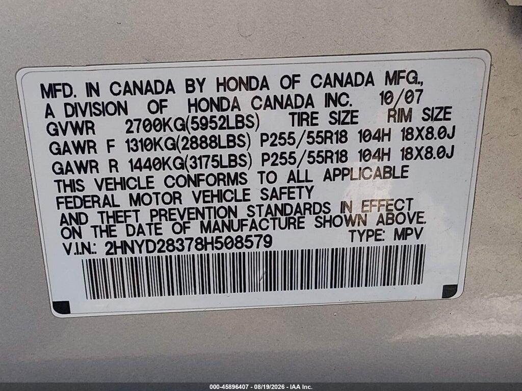 2HNYD28378H508579 2008 ACURA MDX photo no. 9