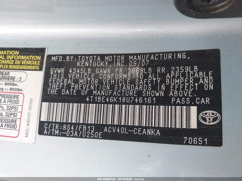 4T1BE46K18U746161 2008 TOYOTA CAMRY photo no. 9