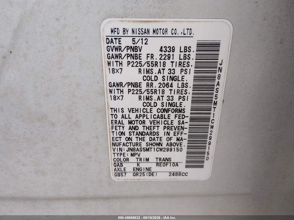 JN8AS5MT1CW299150 2012 NISSAN ROGUE photo no. 9
